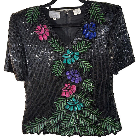 Stenay Tops - Vtg Stenay Black Multi Color Floral Silk Beaded Sequin Evening Blouse Top Size M